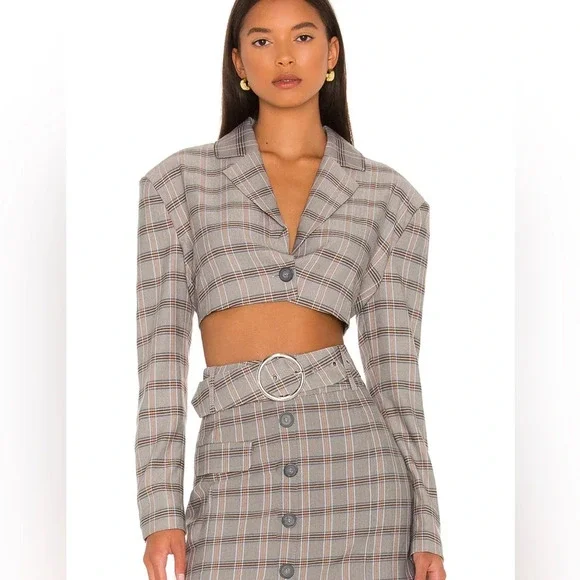 For Love And Lemons Gray Plaid Crop Blazer Size Small - Picture 1 of 10